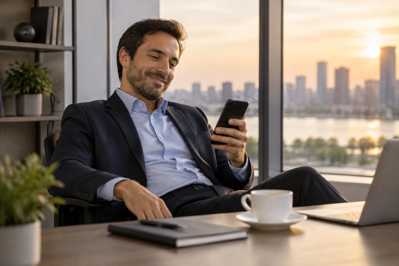Relaxed banker checking a phone at a sunny office desk