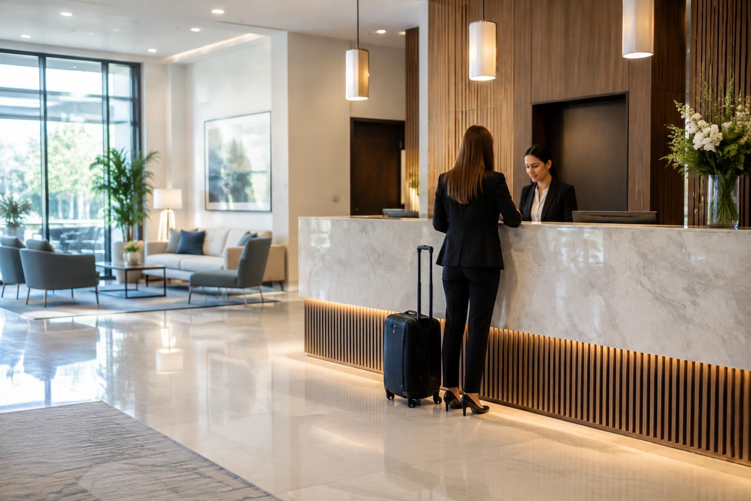 Professional checking in at a hotel front desk