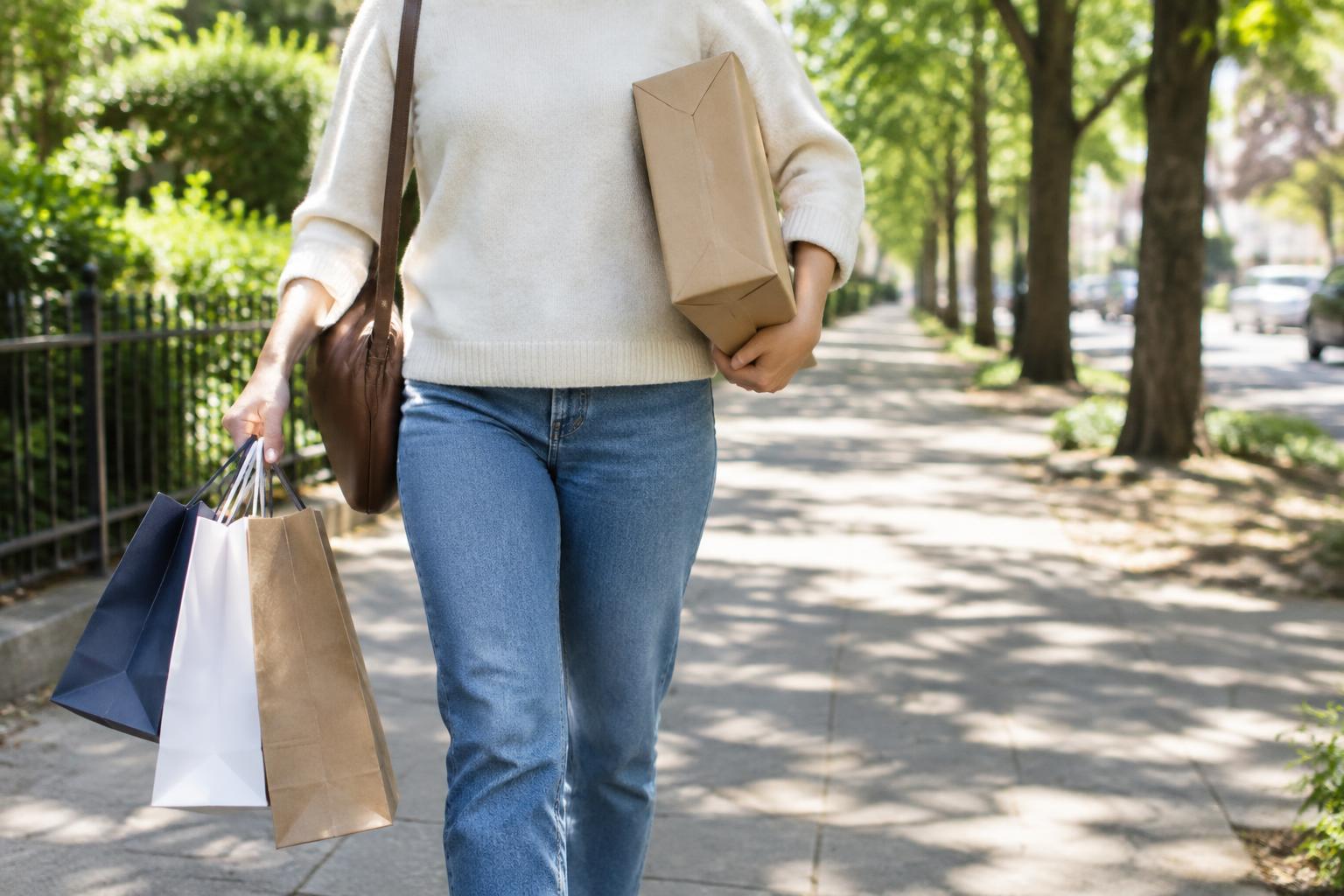 Person carrying shopping bags and a parcel down a tree lined street