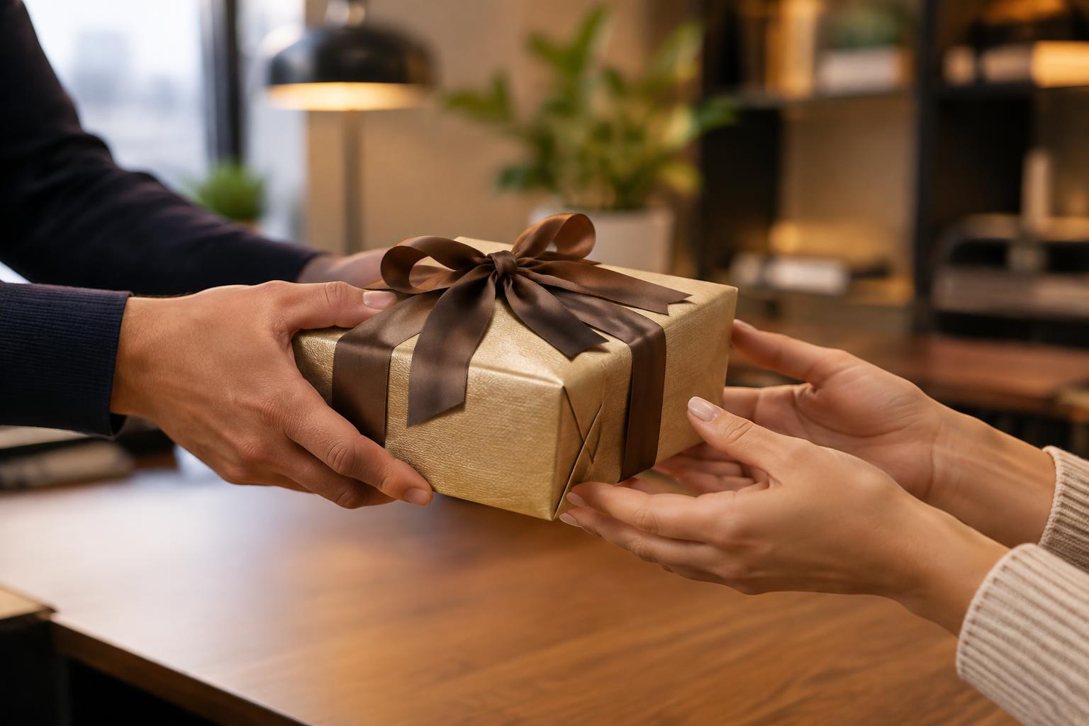 Wrapped gift being handed across a desk